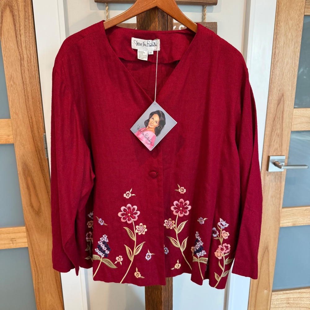 Vintage 90s Diane Von Furstenberg Silk Ramie Floral Embroidered Cardigan Red 2X